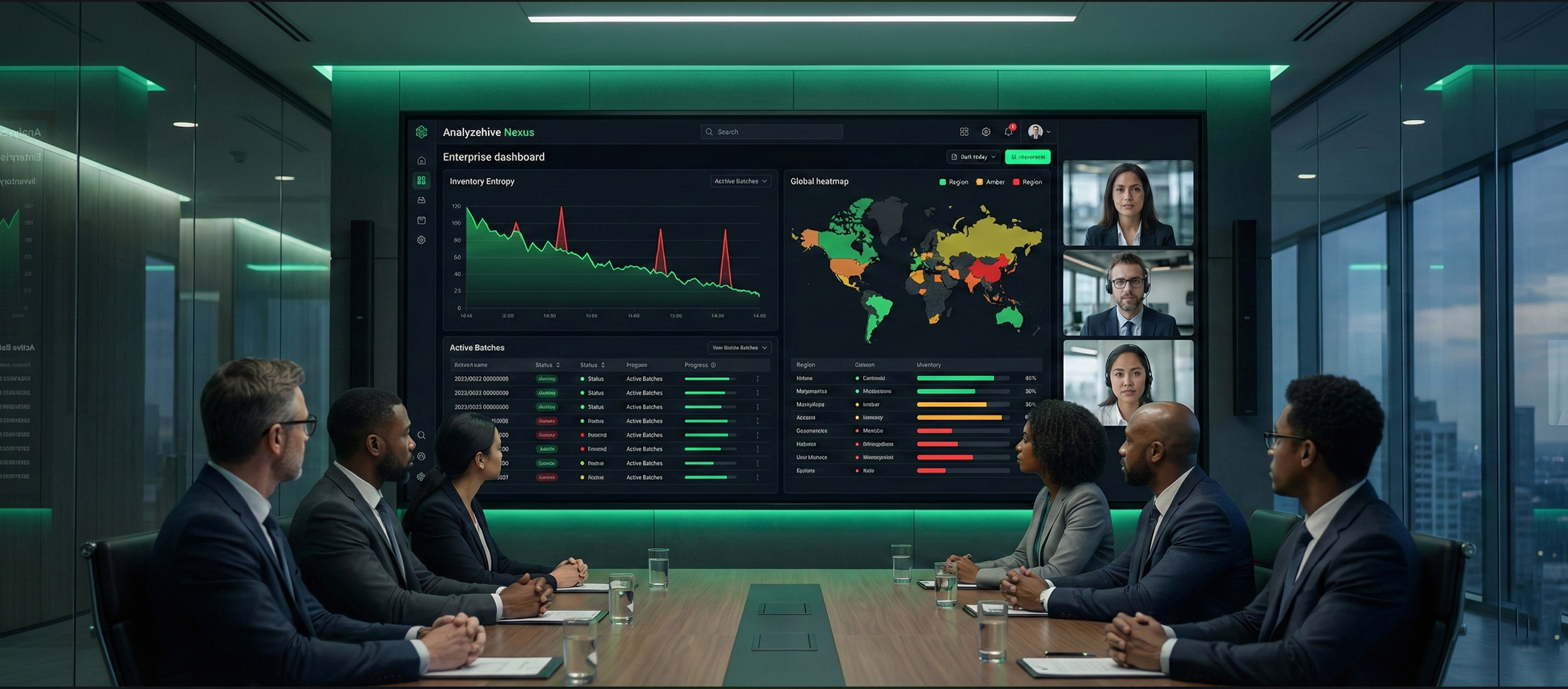 Pharmaceutical leadership team in a modern command center reviewing the Analyzehive Nexus AI dashboard, displaying real-time inventory entropy and remote video feeds